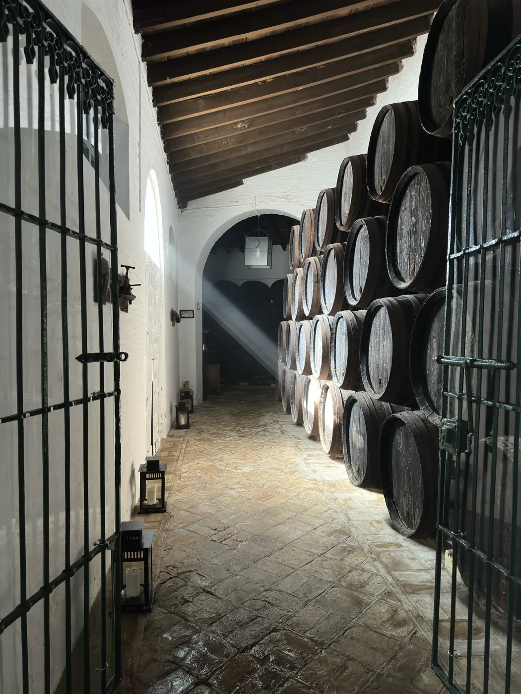 Pasillo histórico de la bodega con botas de vino