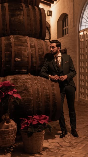 Novio retratado entre las botas de vino